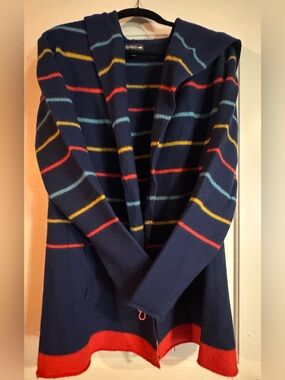 Toad&Co Navy Hooded Cardigan with Red, Yellow and Light Blue Stripes Med
